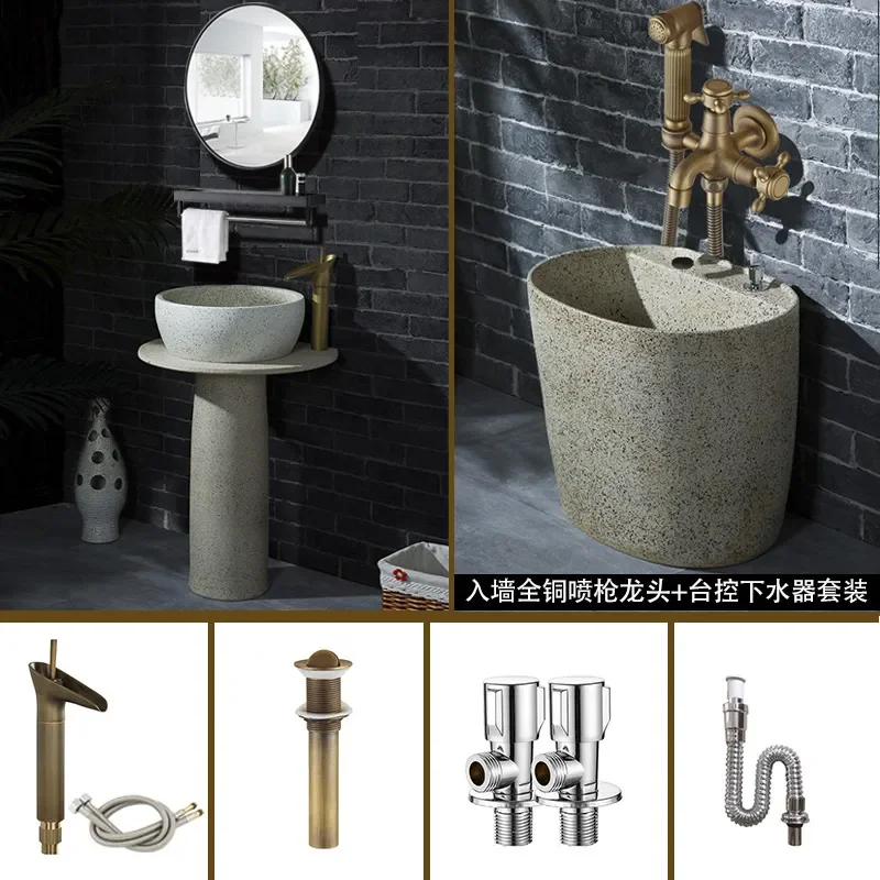 Retro Column Washbasin Integrated Floor to Ceiling Balcony Sink Antique Art Pedestal Basin for Outdoor Pool Bathroom