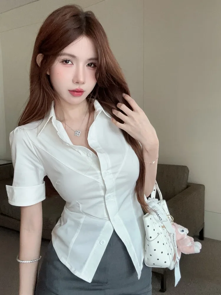 

Korean Style Hot Girl Neck Waist Cinched Tight White Short Sleeve Shirt Summer New Elegant Commute Style Blouse Top