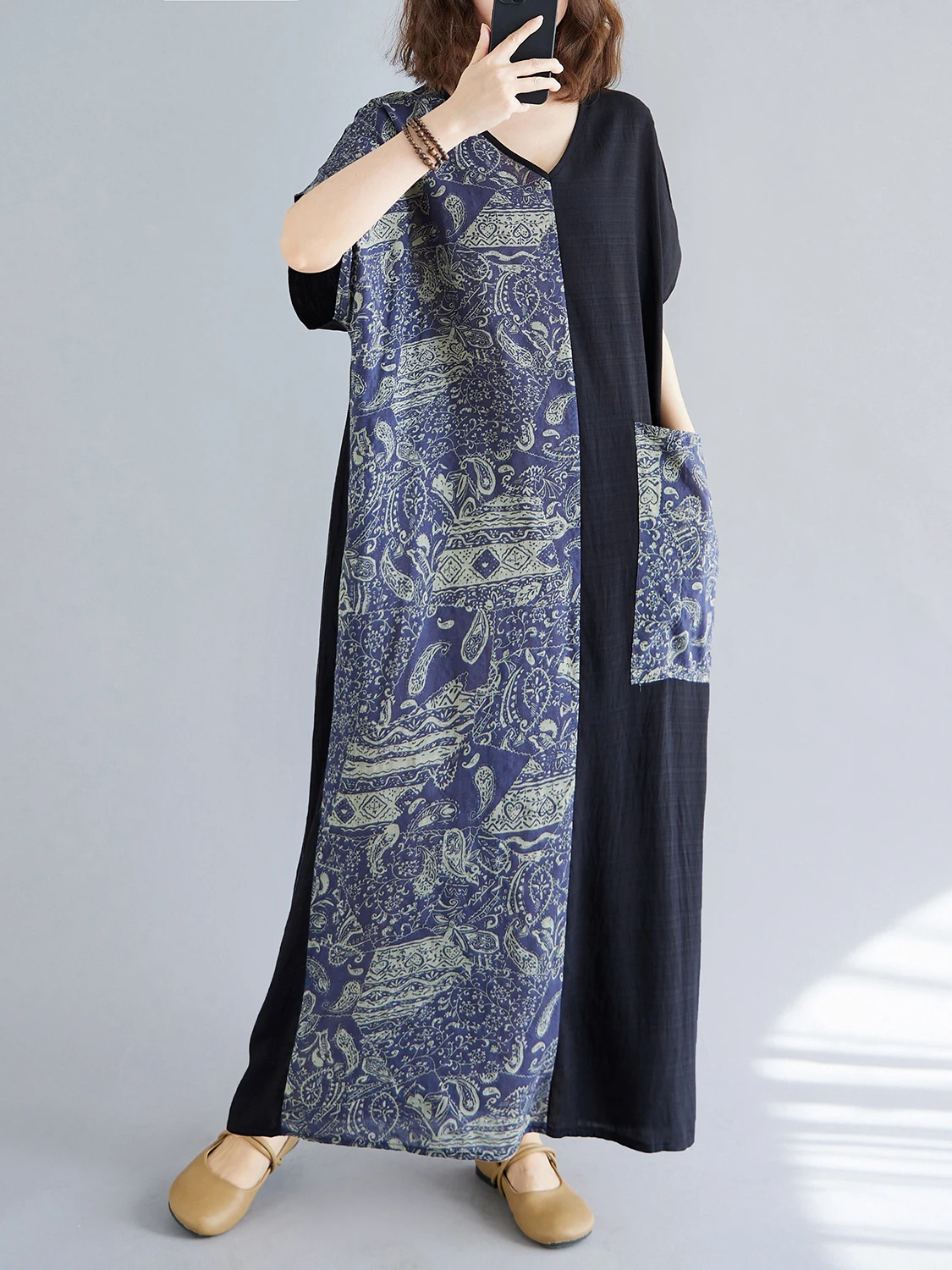 فستان طويل كاجوال بطباعة بوهيمية وتصميم مرقع بمقاسات كبيرة، فستان شاطئ بأكمام قصيرة على طراز الروب، أزياء صيفية للنساء