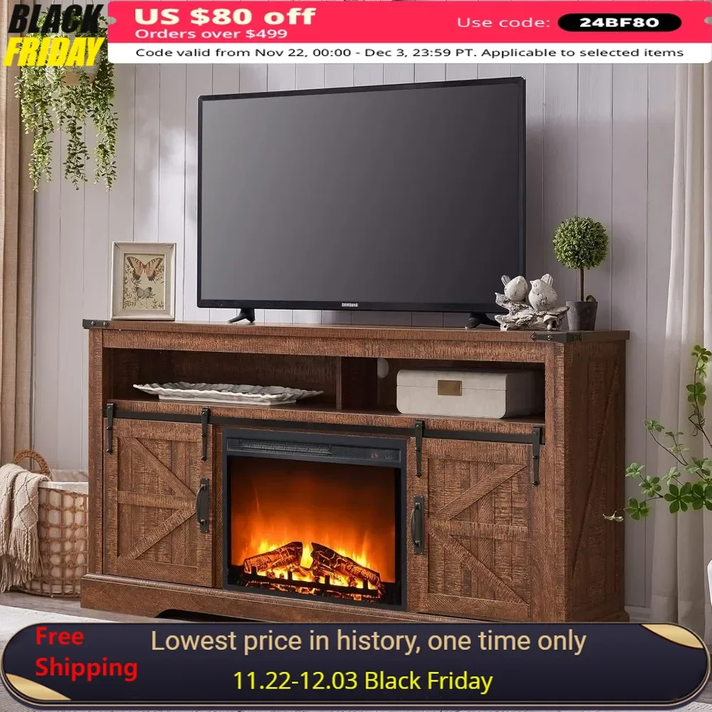 

Fireplace TV Stand for 65+ Inch TVs with 23'' Electric Fireplace, Sliding Barn Door, 33" Tall Farmhouse Rustic TV Stand