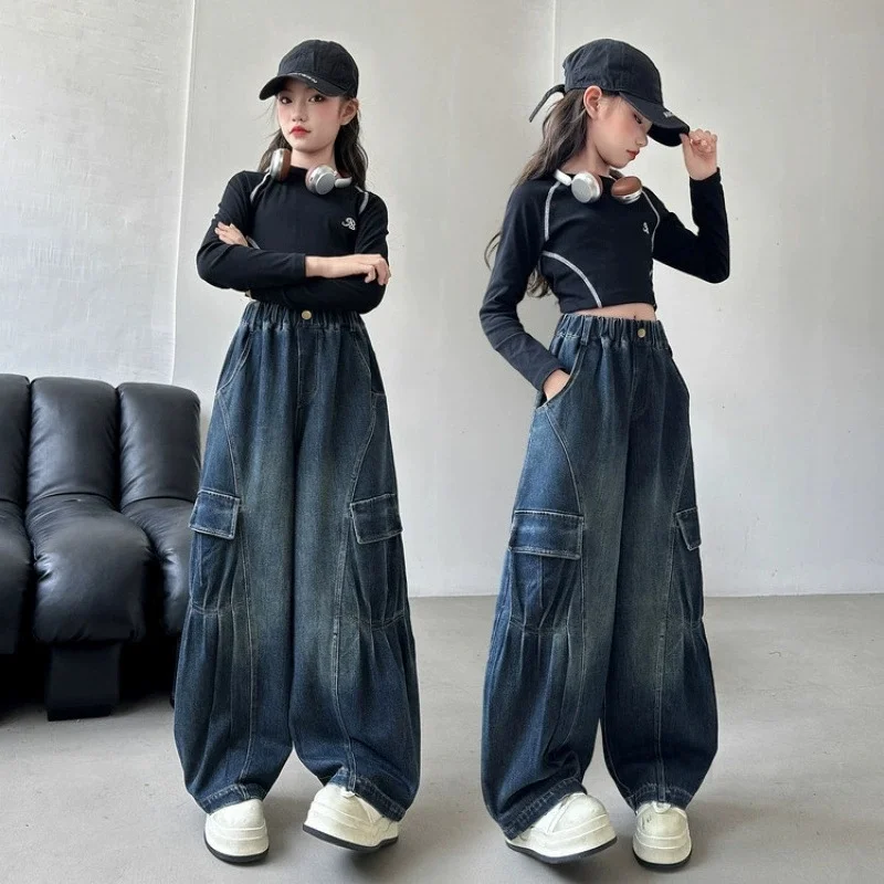 

Girls' Spring and Autumn Retro Work Clothes Denim Trousers 2026 New Style Girls' Autumn Korean Fashionable Loose Wide-leg Pants