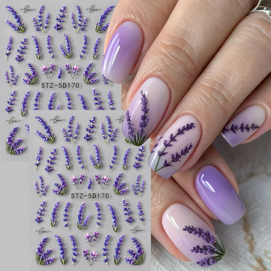 2 pcs 5D Embossed Elegant Lavender Flowers Nail Stickers Bright Florals Adhesive Nail Decals Spring Summer Petals Nail Access