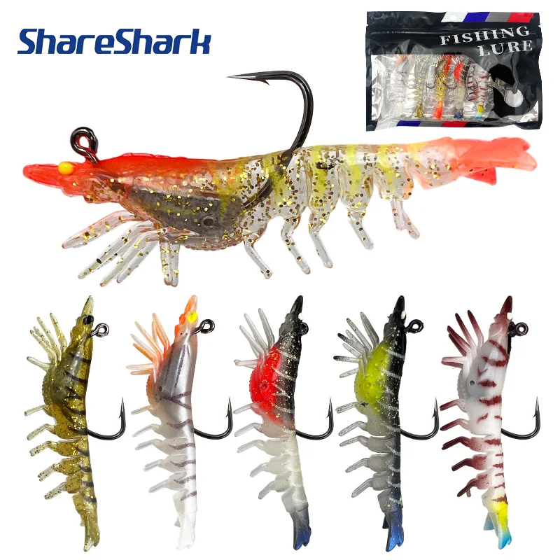 ShareShark 6 Stück/Beutel Leuchtende Künstliche PVC-Garnelen Weichköder mit Haken und Bleigewicht Garnelenköder für Meeresfischerei
