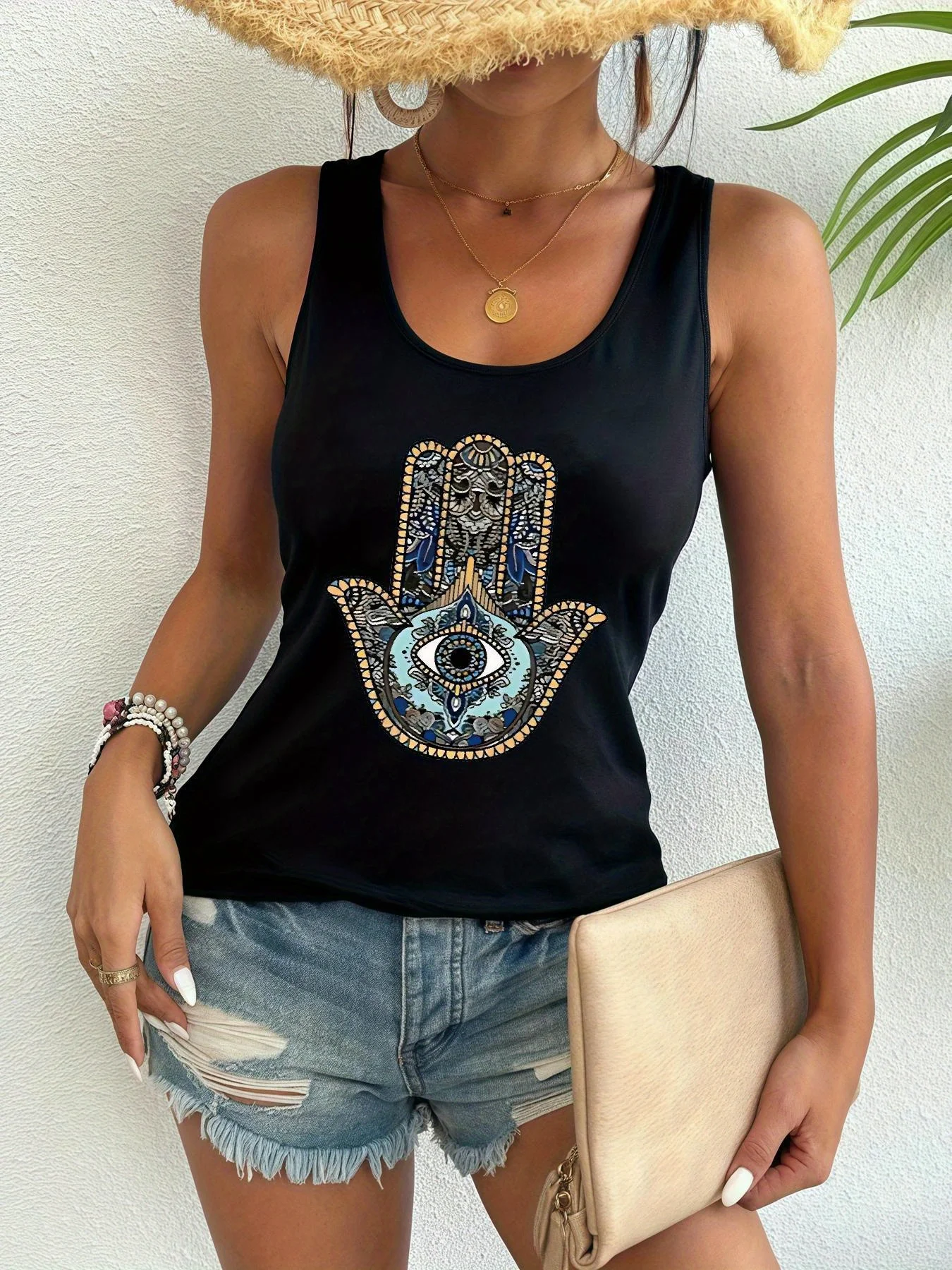Printed Summer Women's Loose and Personalized Dream Catcher Mesh Printed Vest Top T-Shirt Comfortable Sleeveless
