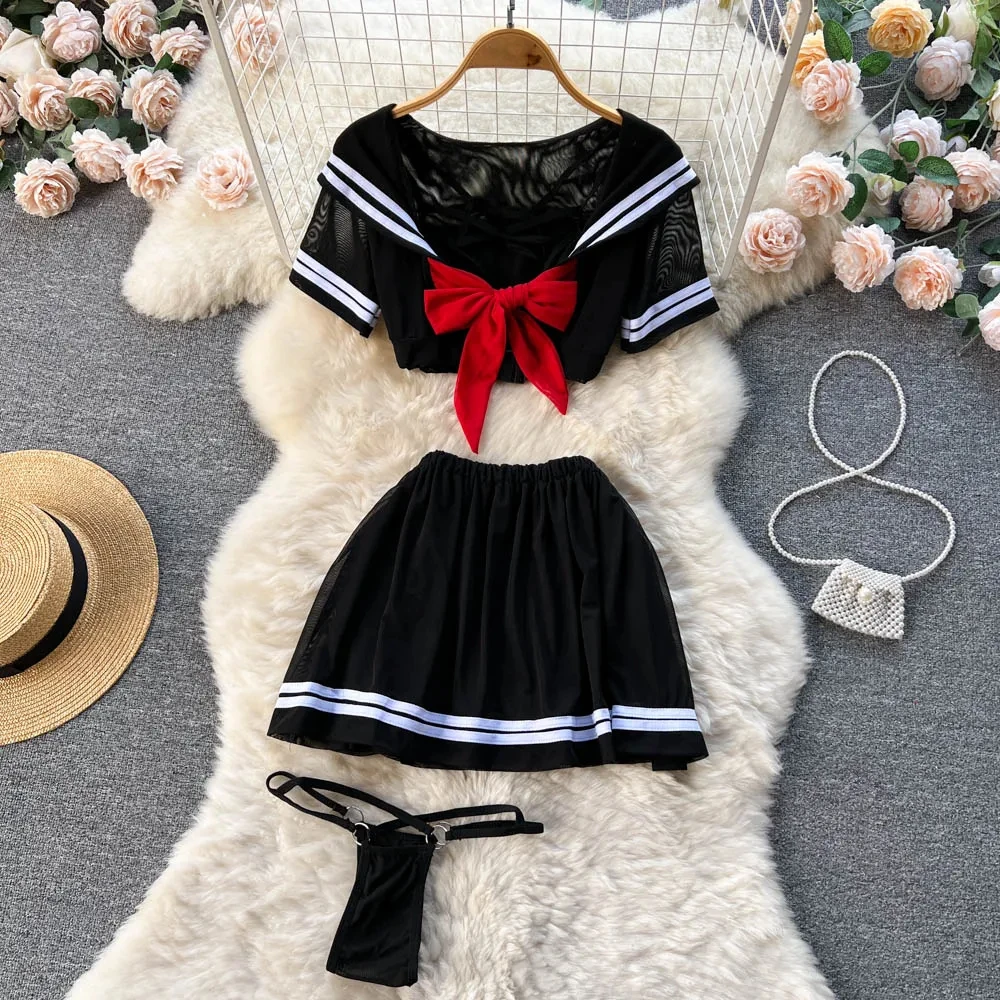 Women\'s Sexy Transparent Sailor Student Uniform Cosplay Costume with Sheer Bowknot Stripe Patchwork Top + Mini Skirt 2-Piece Set