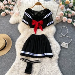 Women's Sexy Transparent Sailor Student Uniform Cosplay Costume with Sheer Bowknot Stripe Patchwork Top + Mini Skirt 2-Piece Set