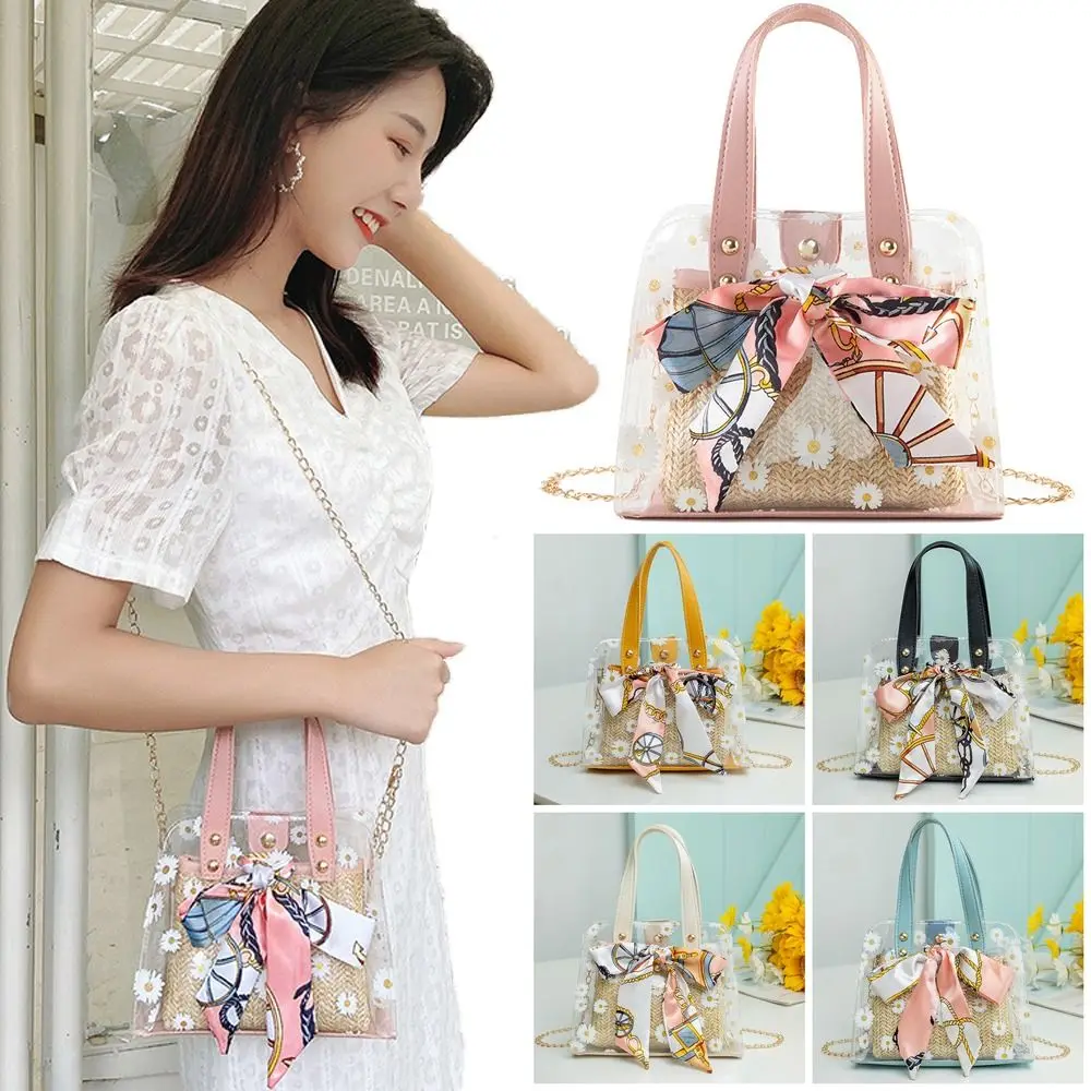 Multicolor Chain Shoulder Bag Daisy Flower Printed Scarves Handle Tote PVC Magnetic Buckle Crossbody Bucket Bags Women Female