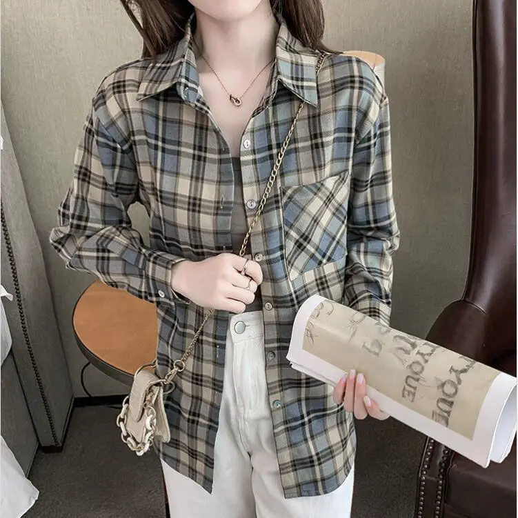 Hong Kong Style Japanese Checkered Shirt Long Sleeved Korean Loose Plus Size College Style Casual Shirt