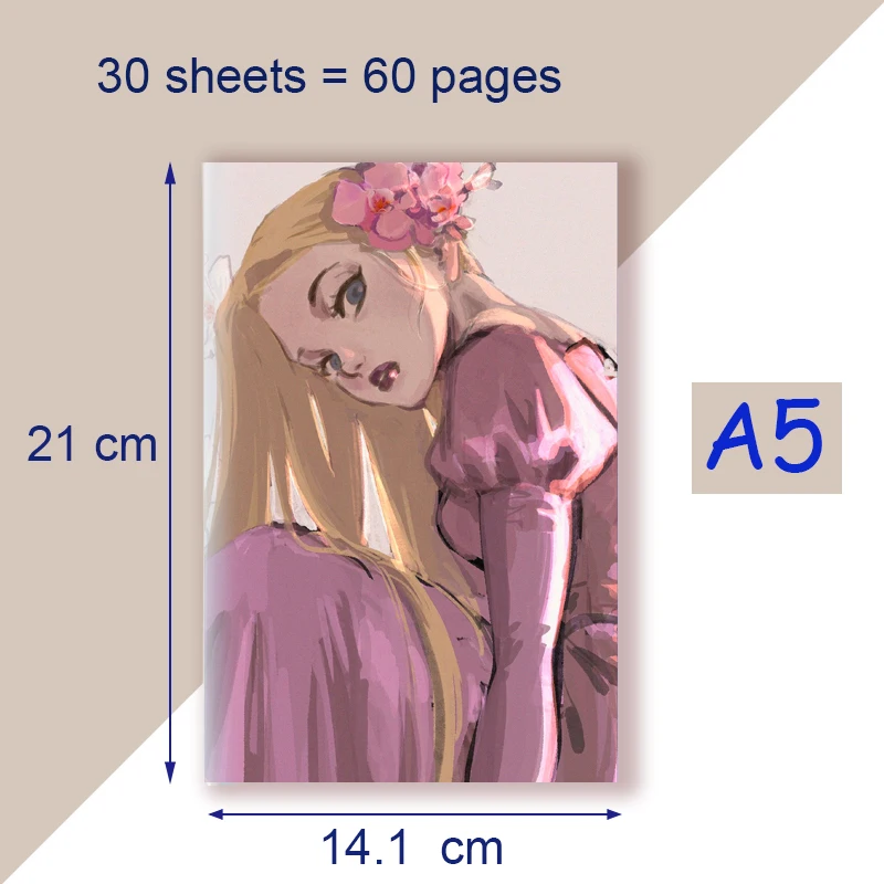 Cuaderno A5 con encuadernación de hilo, dibujos animados, Rapunzel, enredados, Disney, Princesa, Anime, película, estética, papelería, escritura,