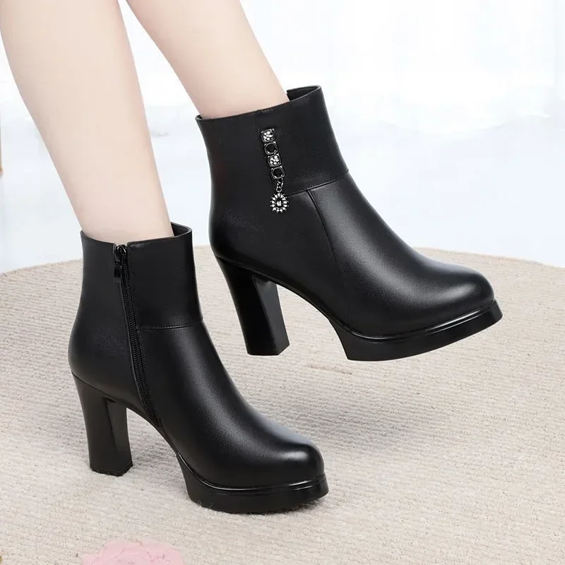 

Fashion Leather Women Winter Ankle Boots Side Zipper High Heels Shoes Warm Thick Plush Snow Boots for Women Botines De Mujer