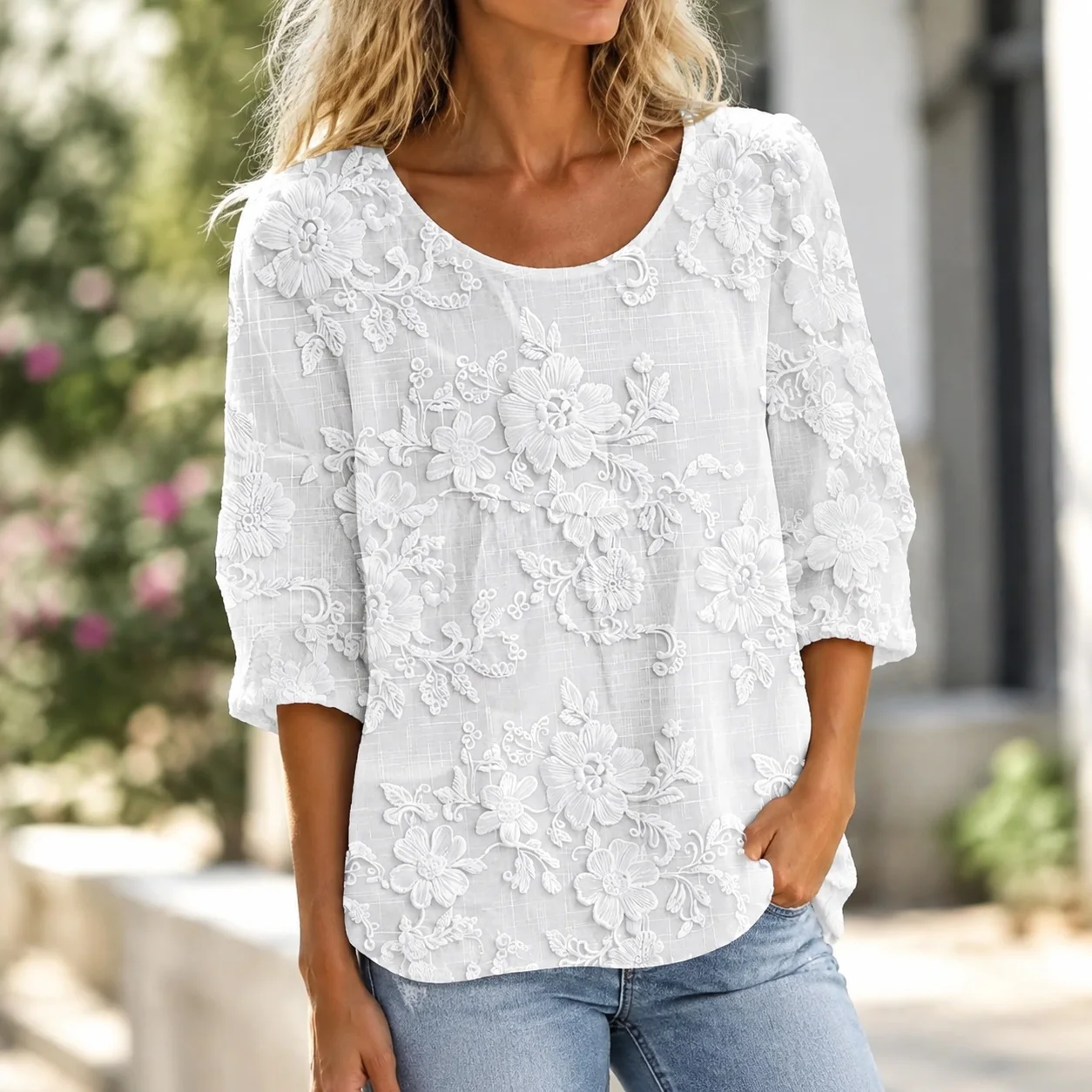 3D Pattern Printed Top Regular Length Ladylike with Short Sleeve Elegant Pullover Mature Regular Sleeve Round Neck Women Shirts
