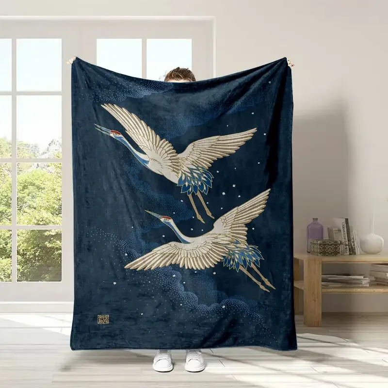 

White cranes in the sky flannel blanket suitable for bedding, office, home, camping, warming, Christmas and Halloween