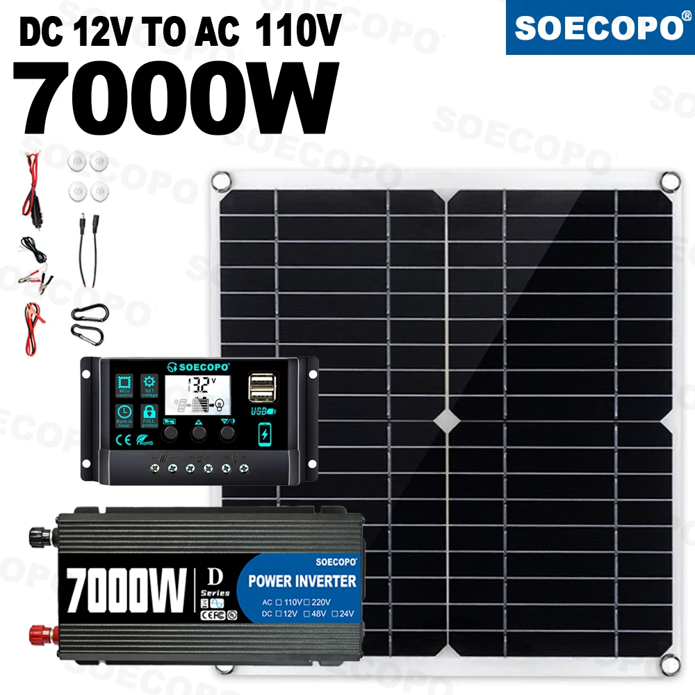 7000W omvormerkit 12V 110V220V 300W zonnepaneel 100A controller en batterijlader voor schuur/verlichting/kamperen, eenvoudige installatie