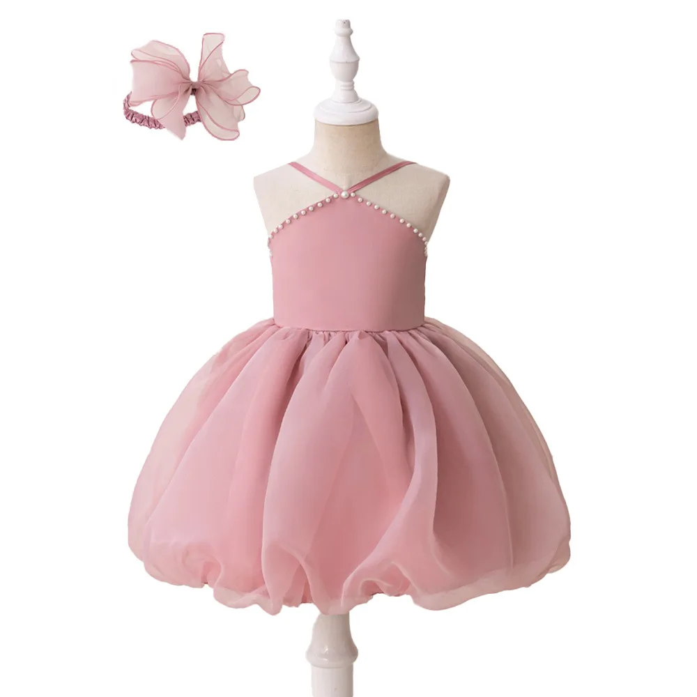 

Wedding Elegant Girls Beading Tutu Evening Party Dress Kids Pink Birthday Carnival Princess Gown Children Summer Daily Costumes