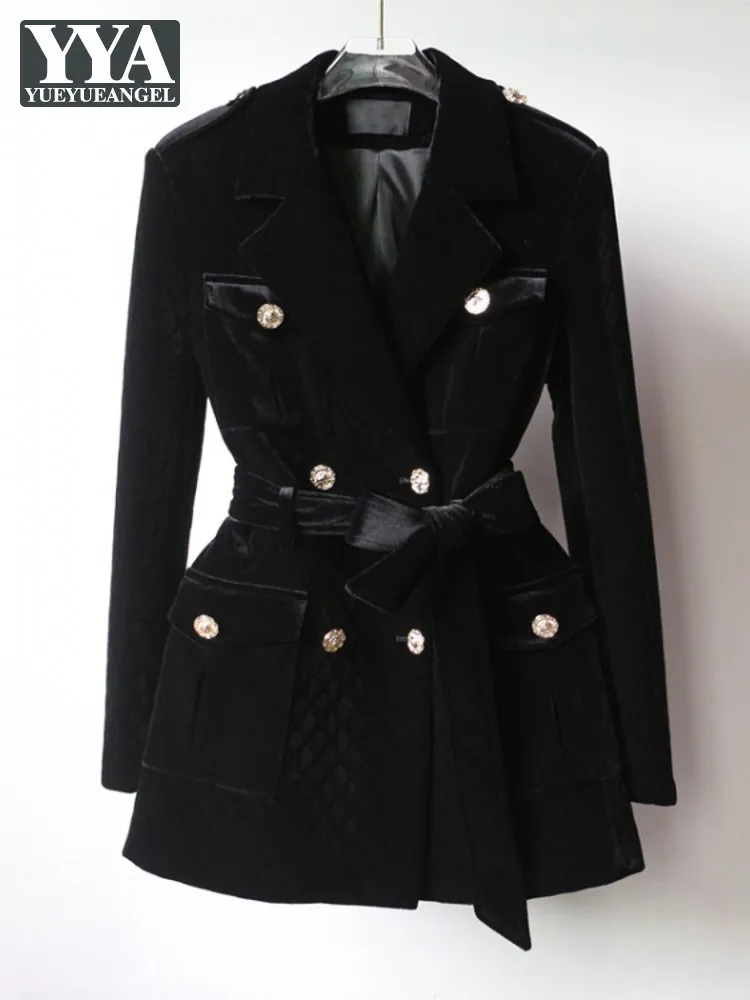 Office Ladies Double Breasted Belted Slim Fit Velvet Jacket Mid Long Autumn Padded Work Suit Coat Elegant Women Blazer Jacket