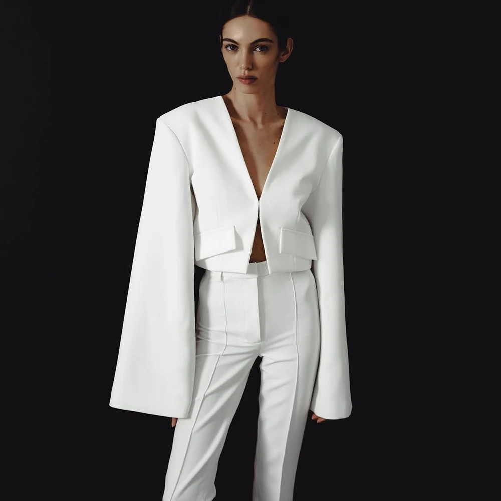 

New In Maching White Women's Suits Elegant White Cropped 2 Piece Jacket Pants Sets Customized Evening Female Clothing Costume
