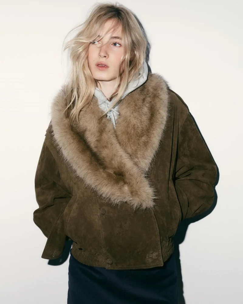 Women's jacket 2026 Autumn New European and American Style Faux Fur Suede Texture Long Sleeve Solid Colour Jacket