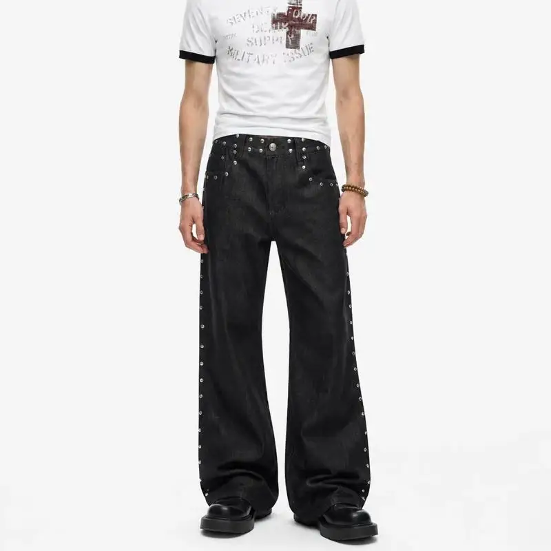 Men's Rivet Design Black Jeans Casual Pants 90s Street Boys Bottom Unisex Sweatpants Male High Waist Wide-leg Trousers