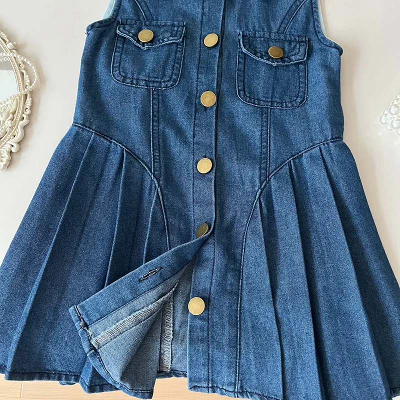 Girls' Summer Dress2024New Children's Trendy Thin Vest Skirt Lapel Single Breasted Soft Denim Skirt Fashion