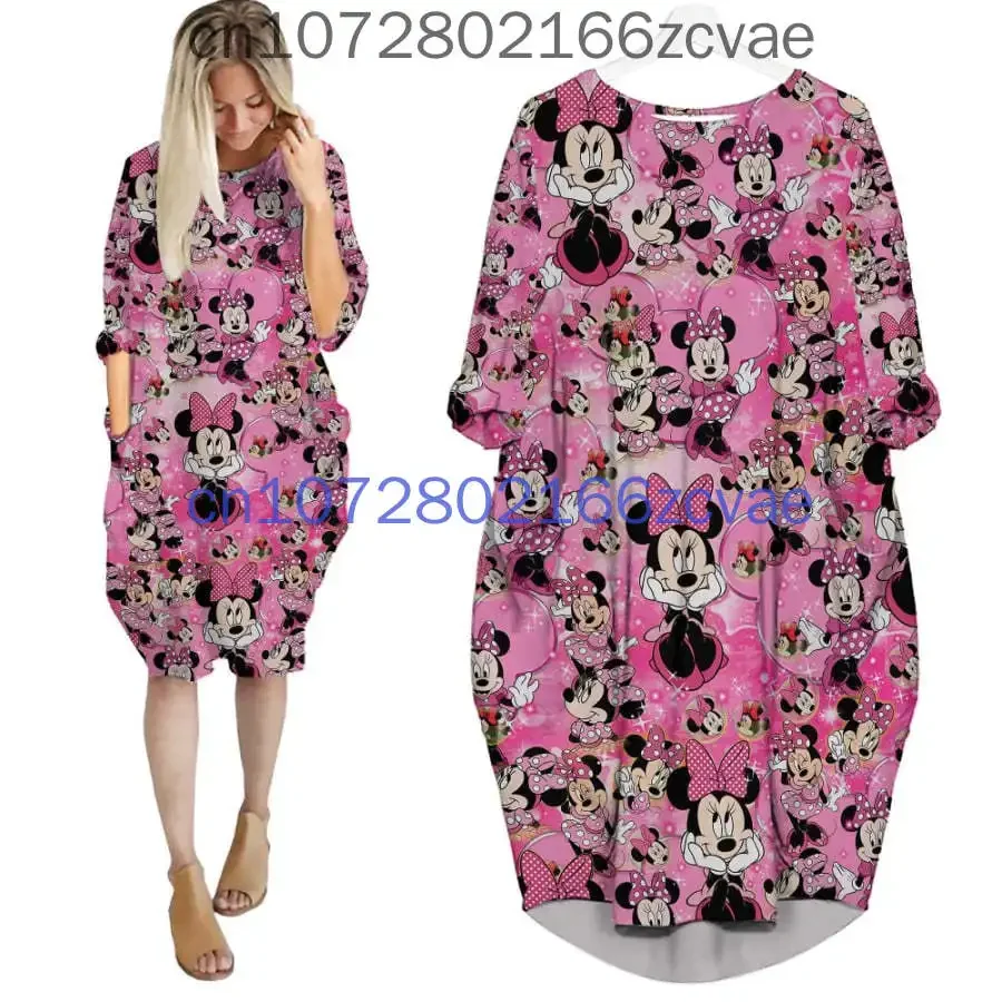 2024 New Minnie Mouse Dress Long Sleeve Robe Casual Disney Cartoon Print Beach Loose Dress