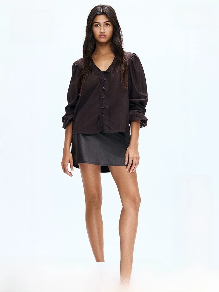 

H&M Summer Women's Shirt with Belt 1315667 Casual Style Lace Detail Cotton V-Neck Long Sleeve Regular Thickness Fiber Blend