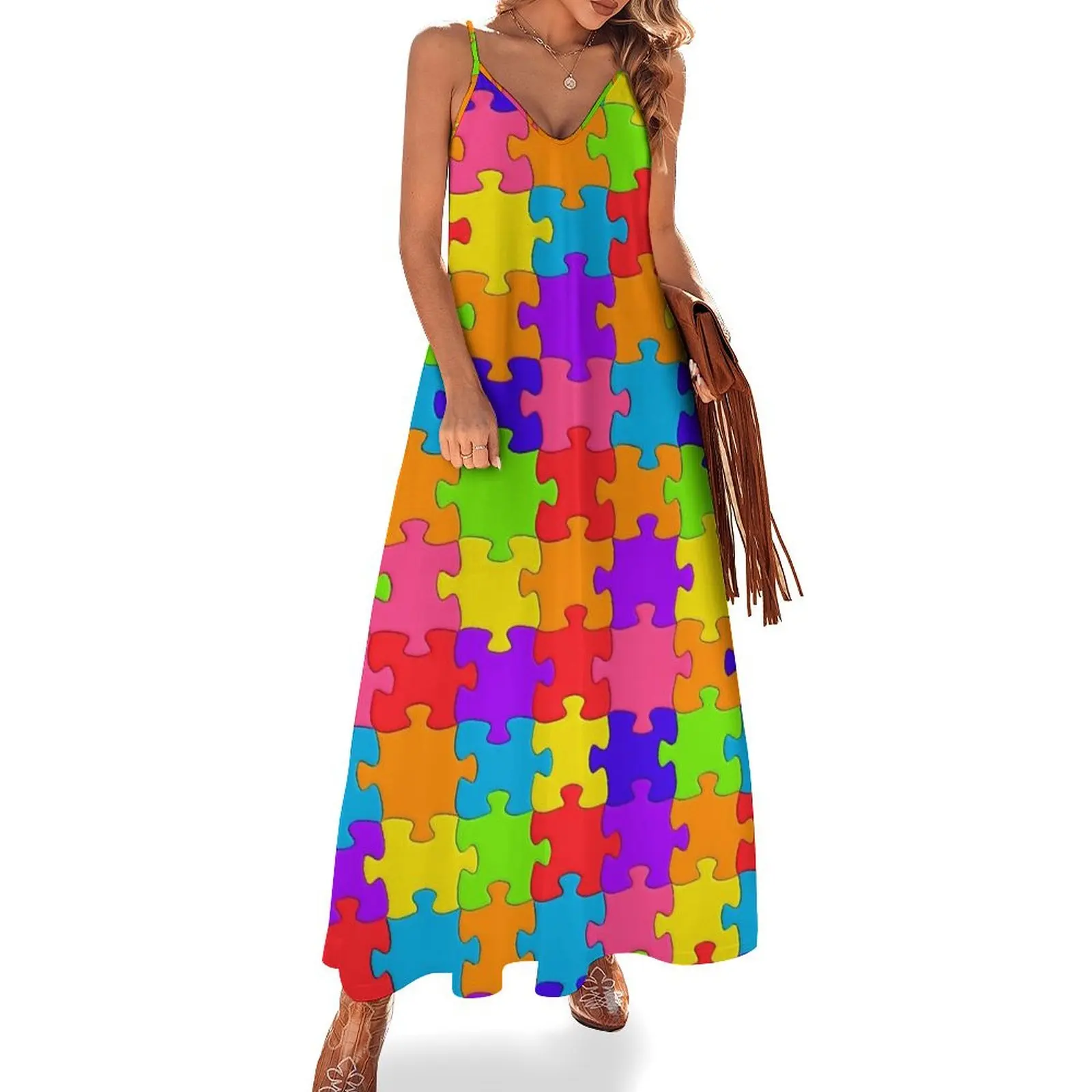 Jigsaw pattern multicolour design Sleeveless Dress Clothing Dance dresses Bridesmaid dress woman