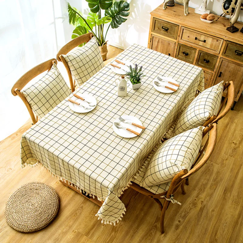 

American Style Polyester Jacquard Imitation Cotton Linen Waterproof Plaid Fringe Lace Rectangular Tablecloth