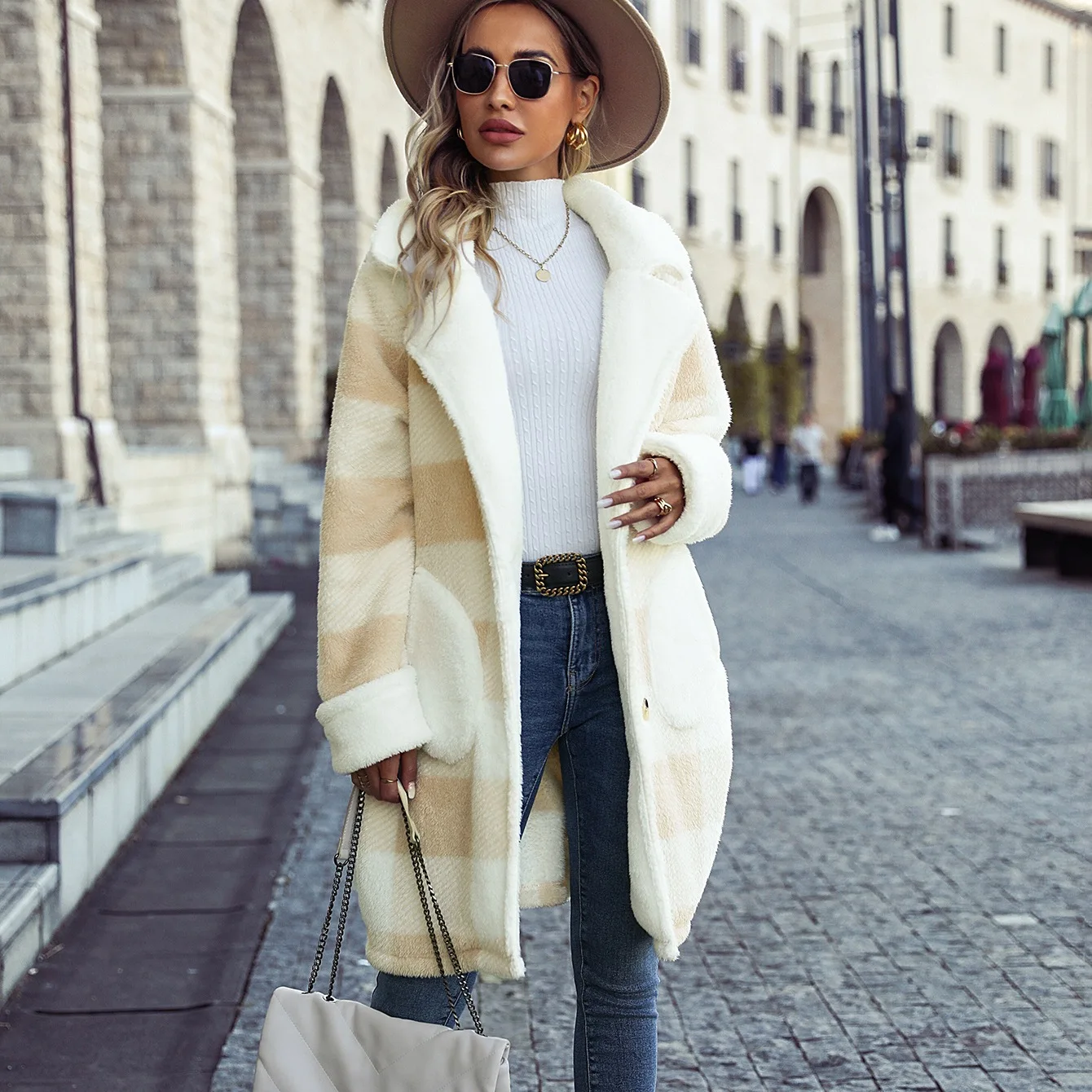 

Women Wool Coats Plaid Blends Jackets Pocket Lapel Collar Long Sleeves Single Breasted Loose Fit Streetwear 2025 Autumn Winter