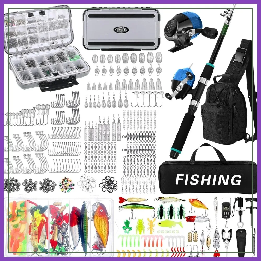 

484 Pcs Fishing Tools Kit with Rod and Reel Combo, Tackle Box, Backpack, Lures for Men Women