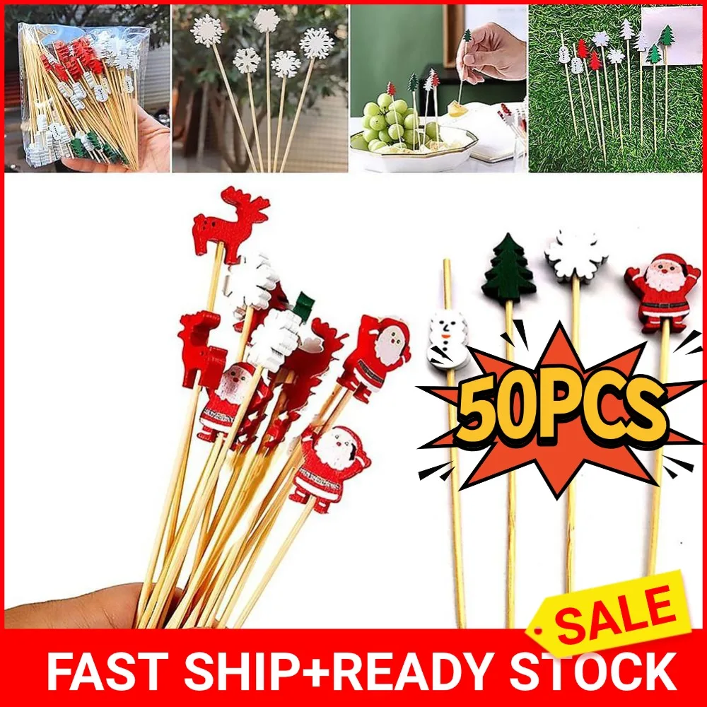 50pcs Christmas Fruit Food Sticks Santa Claus Snowflake Snowman Cocktail Toothpick Cupcake Topper Christmas Party Decoration
