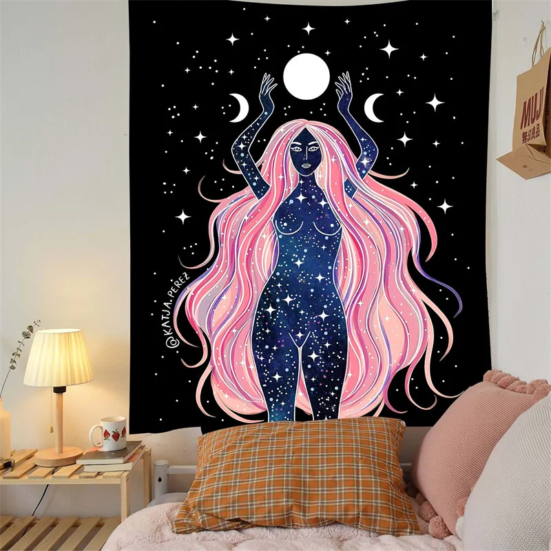 Moon Phase Girl Tapestry Wall Hanging Boho Wall Bedroom Girl's room Dorm hippie Witchcraft Tapestry wall decoration cloth