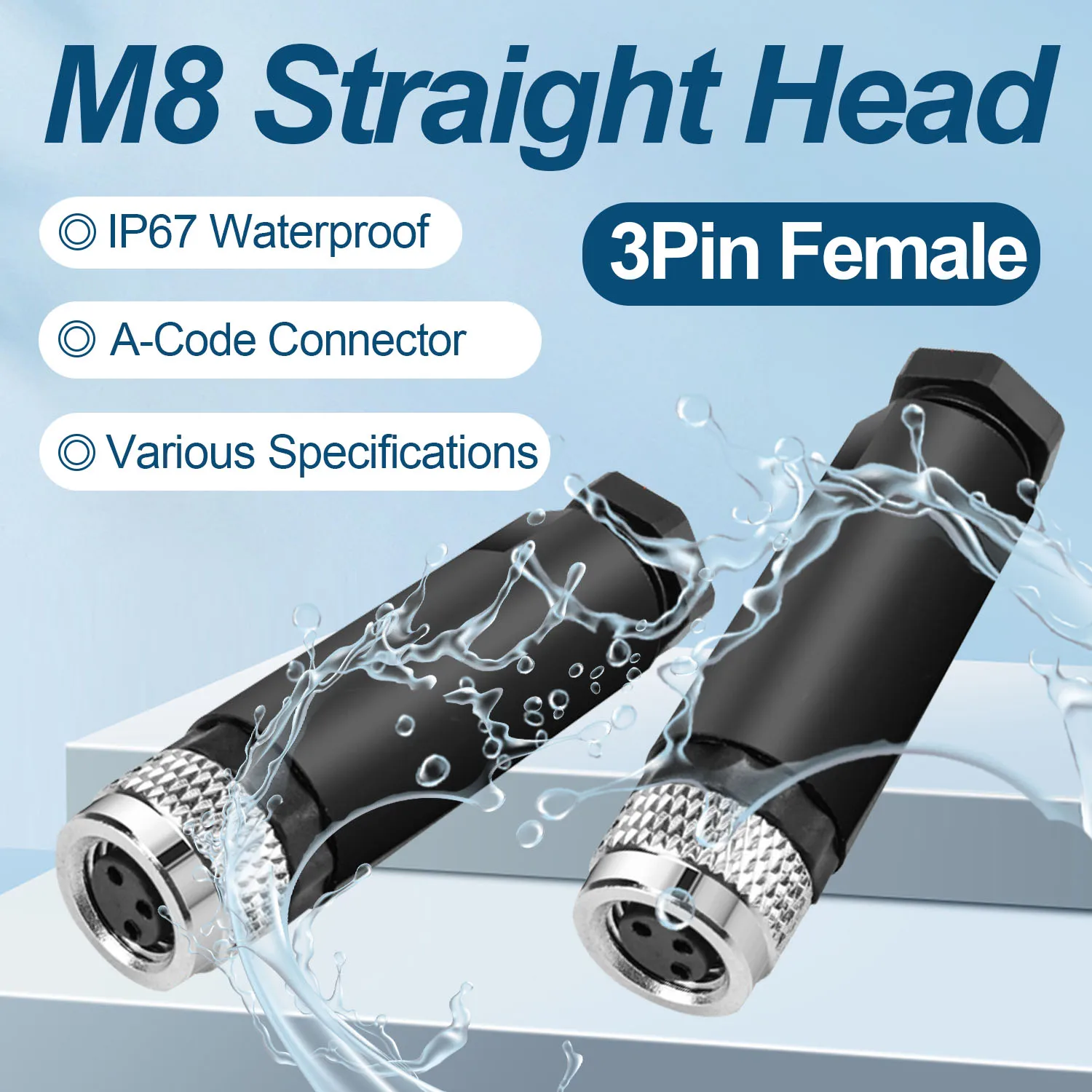 M8 3Pin Sensor Connector Female Waterproof Aviation Connector IP67 8MM A Coding Field Assembly Plug Circular Socket Panel