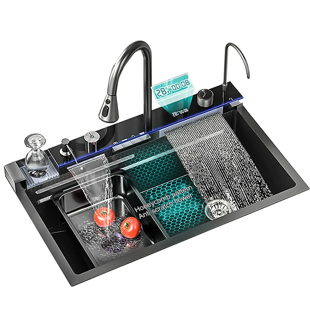 

Popular Large Single Slot LED Digital Display Kitchen Sink Multifunction Anti-Scratch Waterfall Cup Washer Brass Single Bowl
