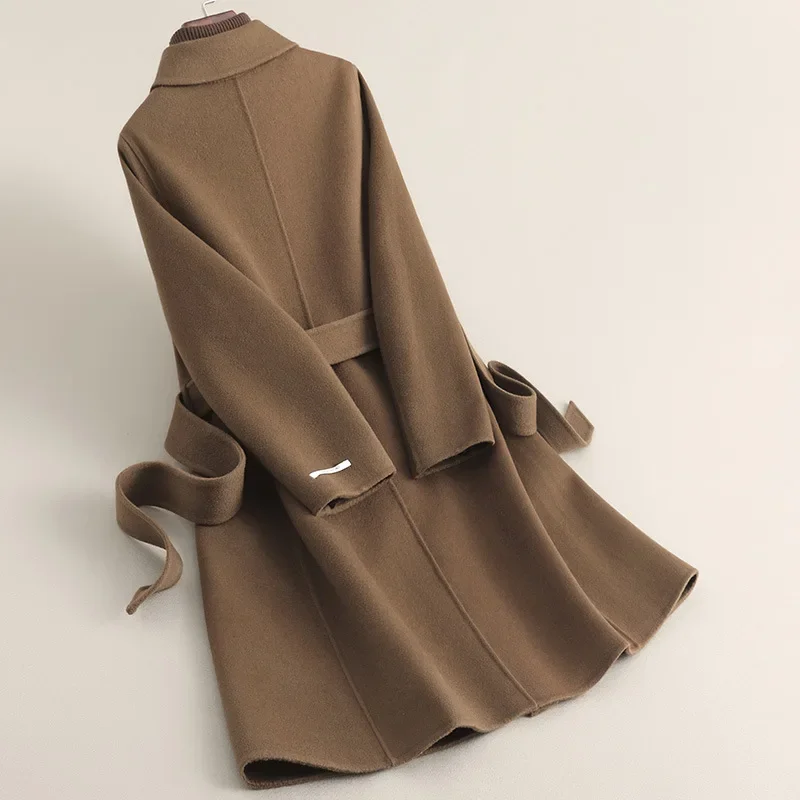 2024 spring new high-end small medium and long double-sided cashmere coat women's waist wool woolen coat