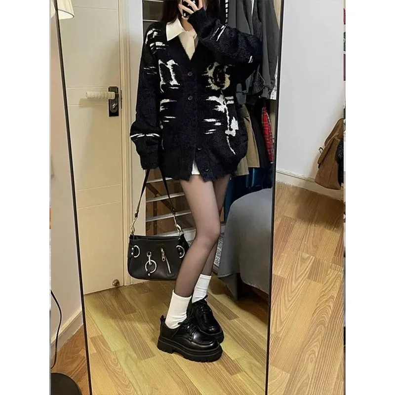 QWEEK Black Vintage Sweaters Women Oversized Knitted Cardigan Korean Style Jumper Y2k Streetwear Gothic Harajuku Sweater Winter