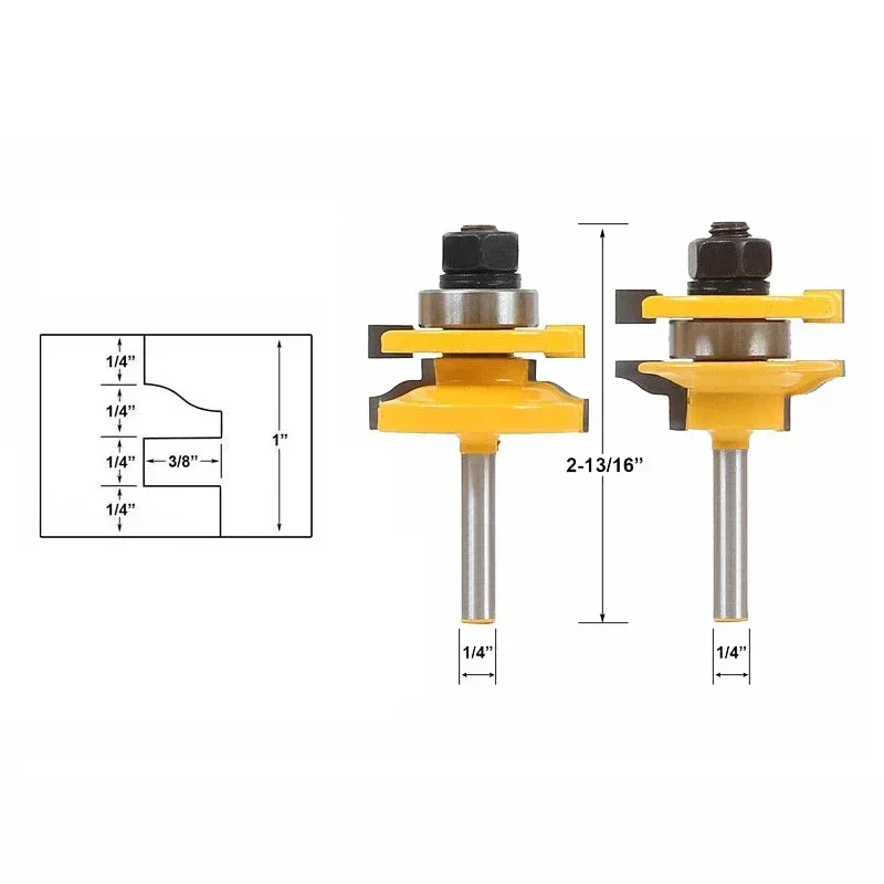 1/4" 2pcs Rail and Stile Router Bit Set Door Window Woodworking Knife Tenon Cutter for Wood Milling Machine Tools
