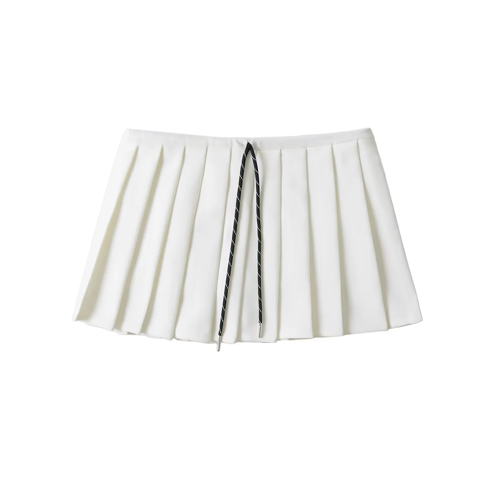 กระโปรงพลีทสีขาวทรงเอสำหรับผู้หญิง กระโปรงทรงเอเอวต่ำแบบผูกเชือก ผ้าบางเบา สไตล์เกาหลี