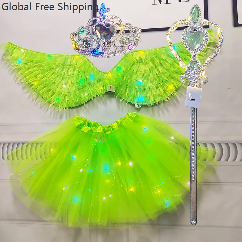 Children's Light-up Wings Tulle Skirt Angel Outfit Girl Ballet Tulle Sparkly Short Skirt Cosplay Birthday Party Magic Fairy Set