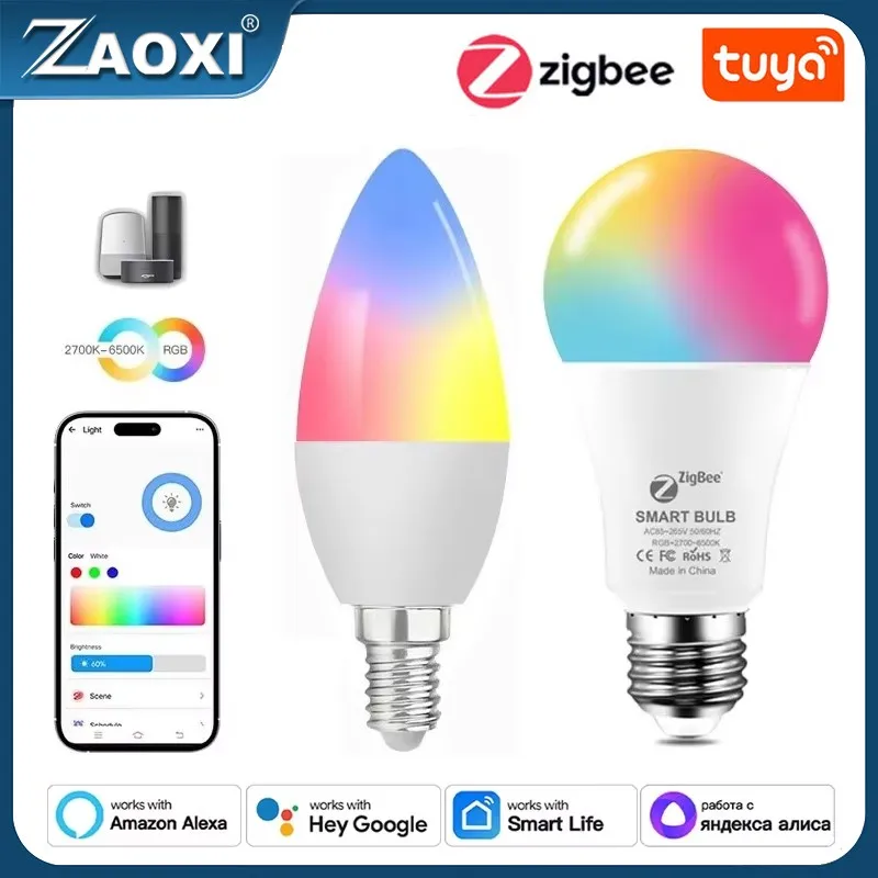 

ZAOXI Tuya Zigbee 9W Smart Light Bulb Home Lighting 85-265V RGBCW LED Lights Support Alexa Google Voice Assistant Control