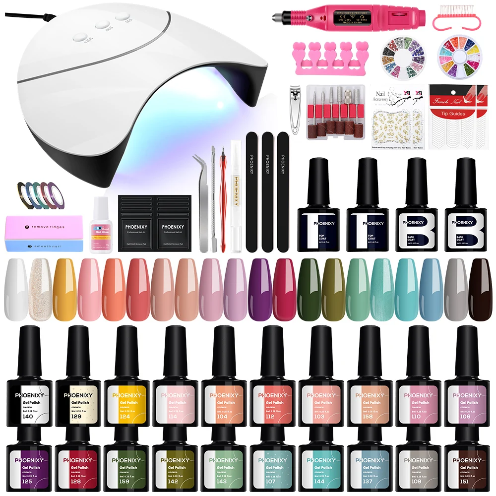 PHOENIXY-Kit de herramientas de manicura profesional, esmalte de Gel de 18/20/30 piezas con secador de lámpara LED UV de 36W, barniz semipermanente,