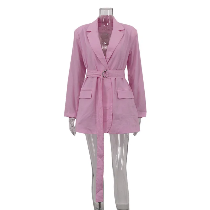 Eeovni moda rosa linho blazer casaco feminino gola entalhada cinto reunido cintura jaqueta versátil 2025 verão novas roupas