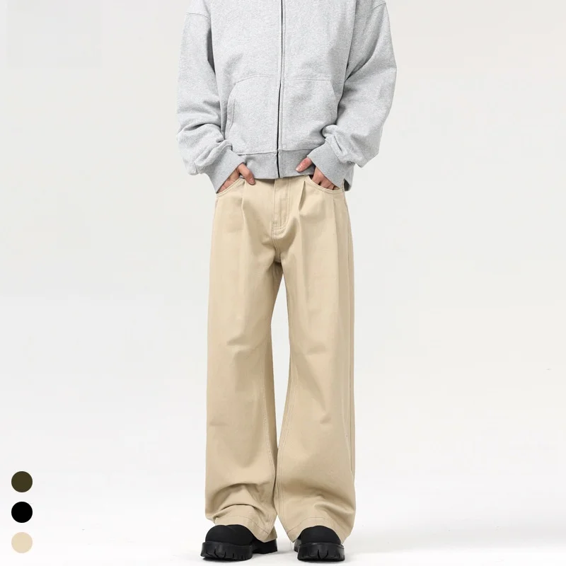 

American Retro Men's Casual Pants High Waist Straight Leg Cotton Spring Faion Urban Sle Bla ey White Basic Colors