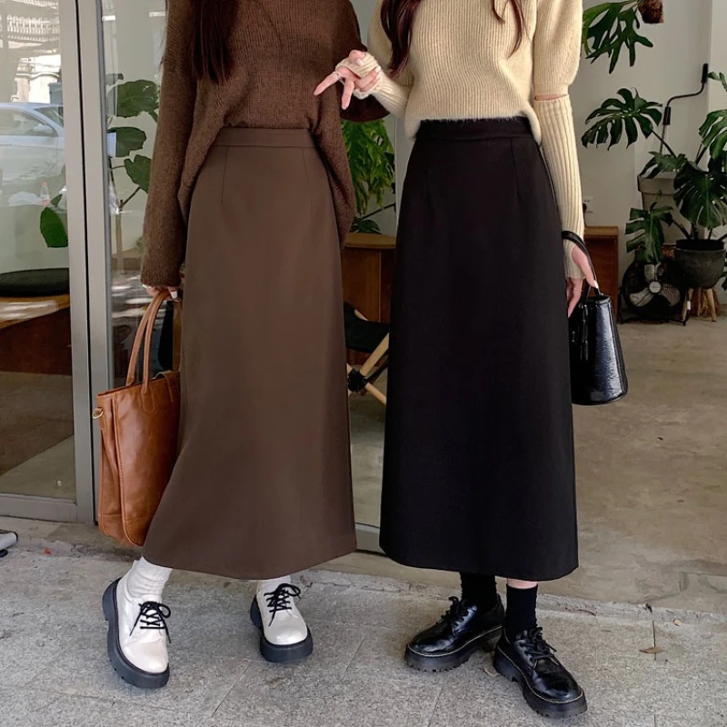 Retro Woolen Gerade bein Rock Büro Damen Herbst Winter Dicke Midi Rock Weiblichen Koreanischen Mode Alle Spiel Outwear Faldas mujer