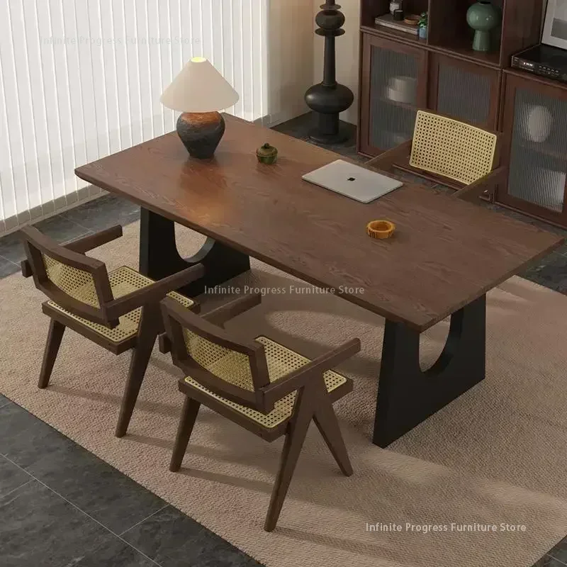 

Living Room Ancient Style Solid Wood Desktop Computer Desk Dining Table Student Reading Desk Workbench Metal Leg Home Furniture