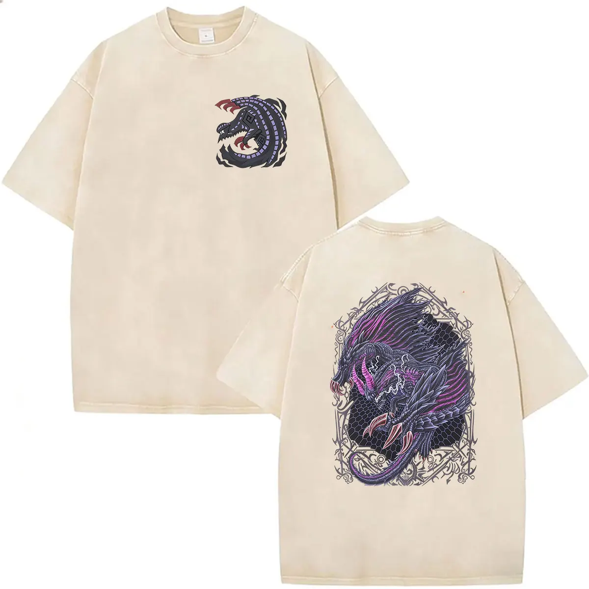 Vintage Washed Monster Hunter Gore Magala The Black Eclipse Game Graphic T-shirt Men's Gothic Hip Hop Loose Short Sleeve T Shirt