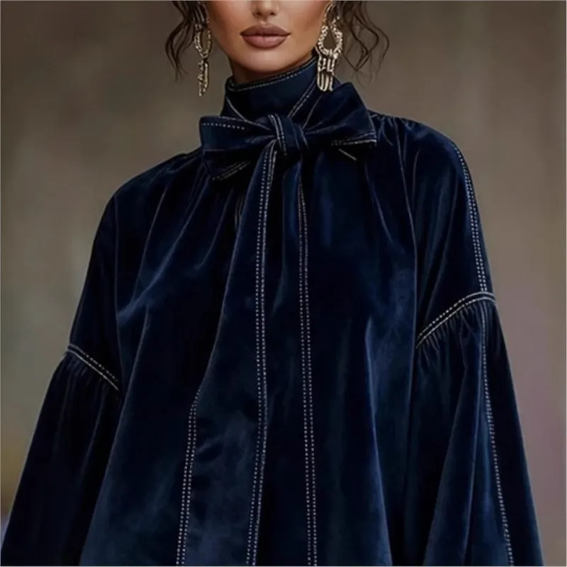 الأمريكية الرجعية عالية الياقة فانوس فستان بكم طويل الخريف ربطة القوس فيونكة أنيقة المخملية المرأة عادية شارع العليا فساتين صغيرة #2