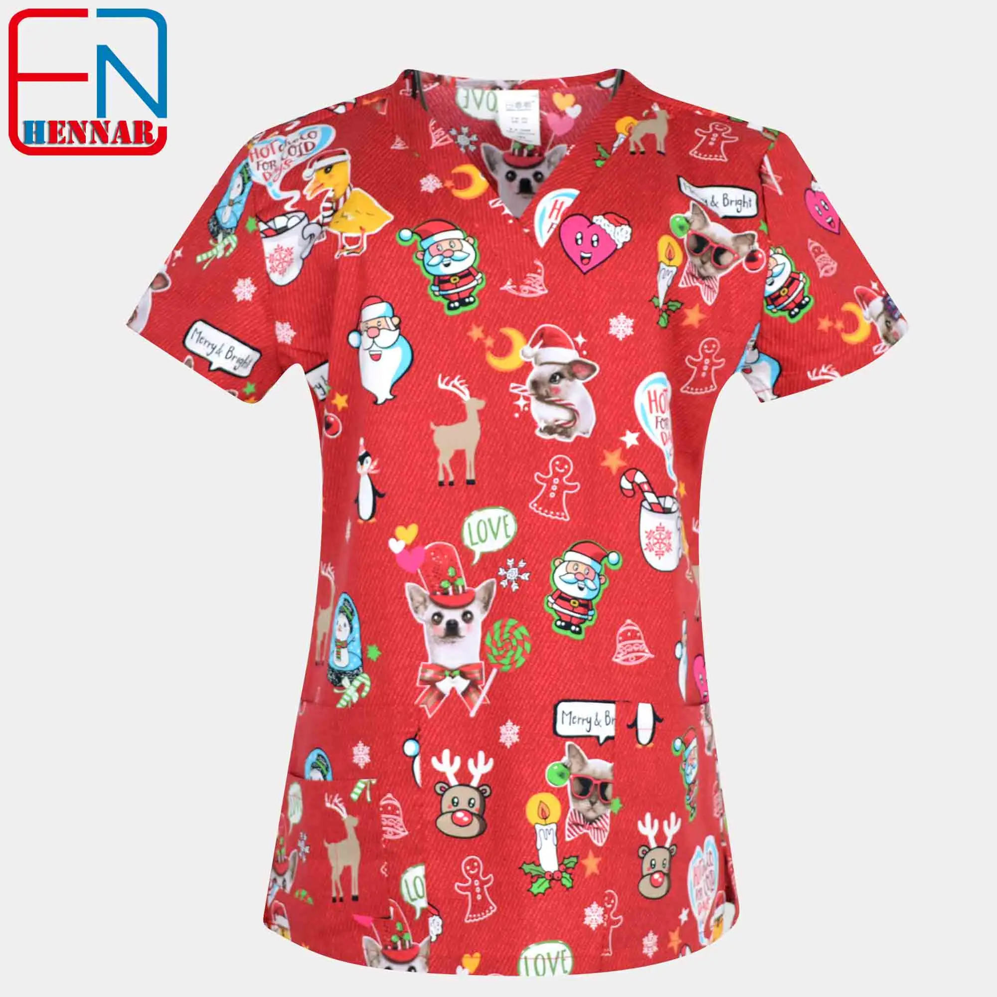 Hennar Christmas Print Medical Scrub Tops，Festival Scrub Scrub Uniforms，Easter Medical Uniforms in 100% Cotton