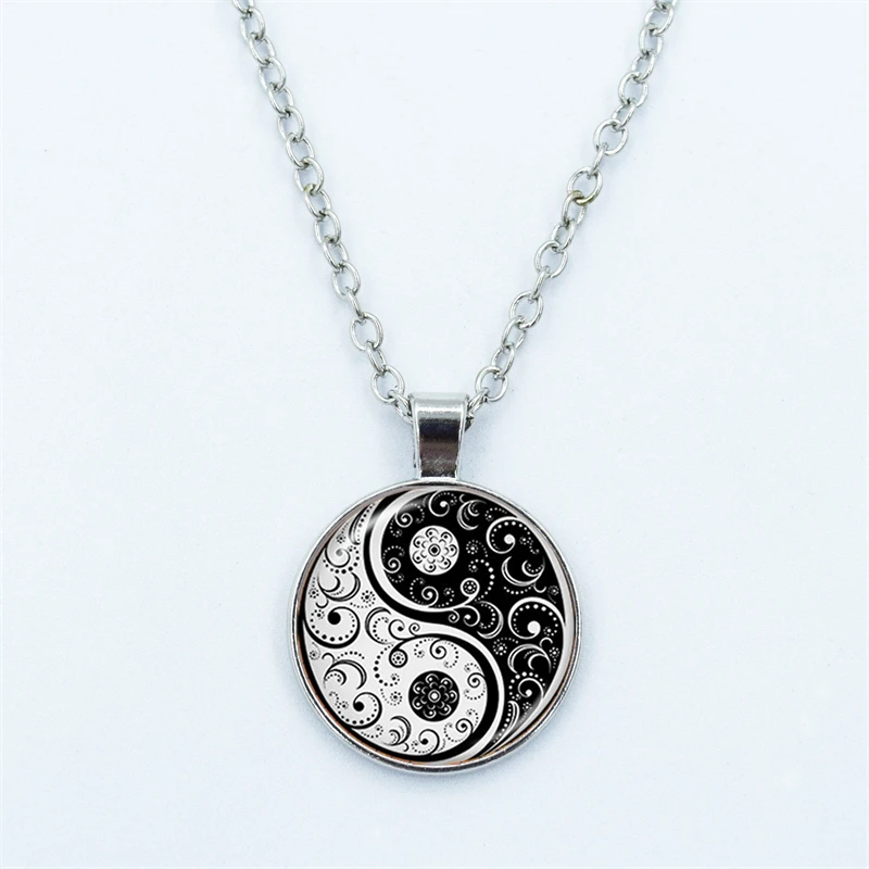 Yin Yang Tai Chi Necklace for Women Jewelry Moon Dragon Cabochon Glass Pendant Fashion Statement Crystal Necklace Gift