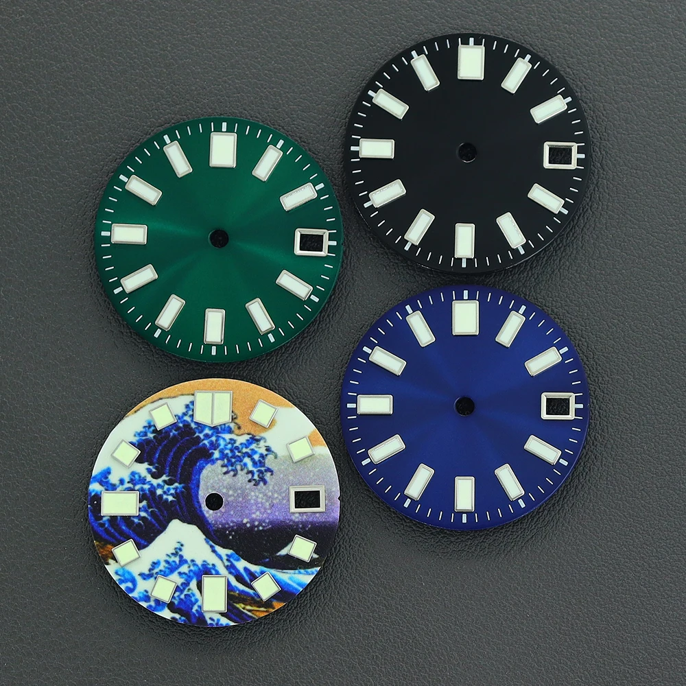 28,5 mm steriles, leuchtendes, schwarz-blau-grünes Zifferblatt mit Kalenderfenster, geeignet für NH35-Uhrwerk, Uhrenzubehör, DIY – Detail 3
