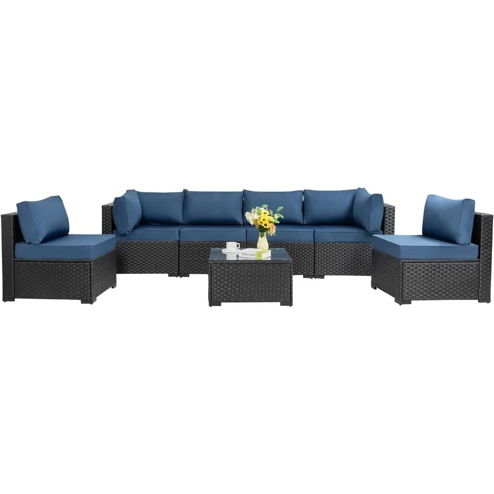 

7 Pieces Outdoor Patio Sectional Sofa Couch, PE Wicker Furniture Sets, Patio Sets with Washable Cushions Glass Coffee Table